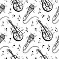 A seamless pattern of musical symbols, guitar, ukulele, notes, microphone. Karaoke. Melody. Hippie music creation. Hand
