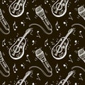 Seamless pattern of musical symbols, guitar, ukulele, sheet music, microphone. Karaoke. Melody. Creating music in a Royalty Free Stock Photo