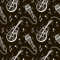 Seamless pattern of musical symbols, guitar, ukulele, sheet music, microphone. Karaoke. Melody. Creating music in a Royalty Free Stock Photo