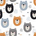 Seamless pattern, muzzles of bears. Colorful cute background with animals