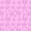 Seamless pattern of muzzles of cats purple contour on a pink background wallpaper texture vector