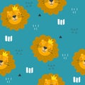 Colorful seamless pattern, muzzles of lions. Decorative cute background with happy animals