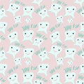 Seamless pattern of `My first tooth`. Hand drawn mint teeth icon on pink background.