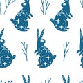 Seamless pattern with mystic blue rabbit or hare and branches