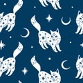 Seamless pattern with mystic fox, moon and stars