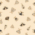 Seamless pattern with mystic moths or Butterfly. Vector magic texture. Boho abstract background with witch symbols. Hand