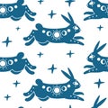 Seamless pattern with mystic rabbit or hare and stars