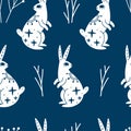 Seamless pattern with mystic white rabbit or hare and branches