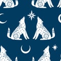 Seamless pattern with mystic wolf, moon and star