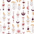 The seamless pattern with mystical astrological vector illustrations. Magic symbols. Zodiac. Astronomy