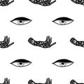 Seamless pattern of mystical and mysterious items. human hands with tattoos and the eye of a bird of prey. Minimalistic objects