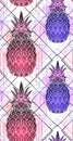 Seamless pattern with mystical pineapples with a contour drawing and pink watercolor splashes in a row.