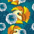 Seamless pattern with Mythological Firebird in orange and chrysanthemums