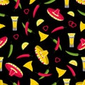 Seamless pattern with nachos,chili pepper, tequila and sombrero on black background. Mexican fast food texture for textile, Royalty Free Stock Photo