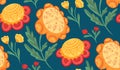 Seamless pattern with naive flowers and stems with folk arts on blue background. Vector texture with sunflowers and poppies