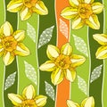 Seamless pattern with narcissus flower or daffodil and ornate white leaves