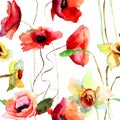 Seamless pattern with Narcissus and Poppy flowers