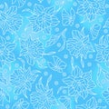 Seamless illustration with narcissuses and butterflies, white contoured flowers and butterflies on blue background
