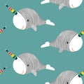 Seamless pattern with narwhal rainbow unicorn whale - vector