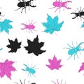 Seamless pattern with a natural forest motif. Beetle and maple leaf. Royalty Free Stock Photo