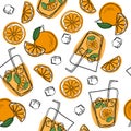 Seamless pattern with natural fresh orange juice in a glass. Orange slice, tube for drinking. Healthy organic food. Citrus fruit. Royalty Free Stock Photo