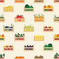 Seamless pattern with natural organic fruits and vegetables in wooden boxes on white background. Backdrop with food