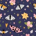 Seamless pattern with natural, plant elements, cartoon style. Flower, butterflys and bugs. Trendy modern vector Royalty Free Stock Photo