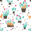 Seamless pattern with naughty cats and potted flowers