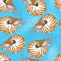 Seamless pattern with Nautilus Pompilius or chambered nautilus on the blue background with bubbles.