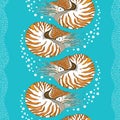 Seamless pattern with Nautilus Pompilius or chambered nautilus on the turquoise background with bubbles and stripes. Royalty Free Stock Photo