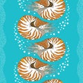 Seamless pattern with Nautilus Pompilius or chambered nautilus on the turquoise background with bubbles and stripes.