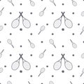 Seamless pattern with navy beautiful tennis rackets and tennis balls on a white background. Equipment for tennis on the court.For