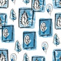 Seamless pattern with navy blue tree, leaf in winter. Hand drawn freehand black, cold blue and white illustration. Grunge sketch s