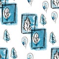 Seamless pattern with navy blue tree, leaf in winter. Hand drawn freehand black, cold blue and white illustration. Grunge sketch s