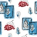 Seamless pattern with navy blue tree, rowan berries in winter. Hand drawn freehand black, cold blue and white illustration. Grunge Royalty Free Stock Photo