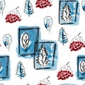 Seamless pattern with navy blue tree, rowan berries in winter. Hand drawn freehand black, cold blue and white illustration. Grunge