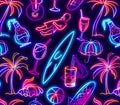 Seamless pattern with neon beach items Royalty Free Stock Photo