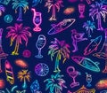 Seamless pattern with neon beach items Royalty Free Stock Photo