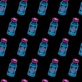 Seamless pattern with neon covid-19 vaccine vial icons on black background. Medicine, coronavirus vaccination, health Royalty Free Stock Photo