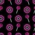 Seamless pattern with neon donuts and lollipop on black background. Candy, bakery, sweets, girly concept