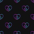 Seamless pattern with neon heart with asexuality symbol on black background