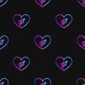 Seamless pattern with neon heart with bisexuality symbol on black background