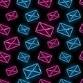 Seamless pattern with neon icons of blue and pink mail envelope on black background. Email, message, letter concept Royalty Free Stock Photo