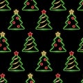 Seamless pattern with neon icons of decorated Christmas trees on black background. Winter holidays, X-mas, New Year concept for Royalty Free Stock Photo