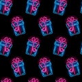 Seamless pattern with neon icons of gift boxes with heart on black background. Valentines Day, love, romance Royalty Free Stock Photo