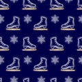 Seamless pattern with neon icons of ice figure skate and snowflakes on dark blue background