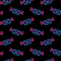 Seamless pattern with neon icons of love letters with wings on black background. Blue flying envelope with pink heart