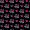 Seamless pattern with neon icons of open envelop with loving hearts on black background. St. Valentine's Day, mail, love Royalty Free Stock Photo