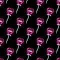 Seamless pattern with neon icons of pink heart shape balloon with 'love' word on black background. Valentines Day Royalty Free Stock Photo