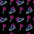 Seamless pattern with neon icons of sneakers and lollipops on black background. Girl, trendy, footwear, cute concept